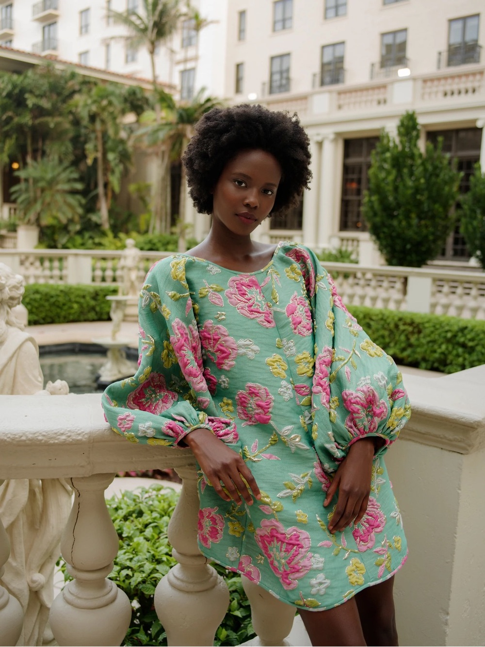 Ariene Emmy Good Luck Dress in Green with Pink Flowers